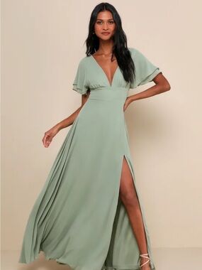 Lulu's Sage Green V-Neck Flutter Sleeve Maxi Dress